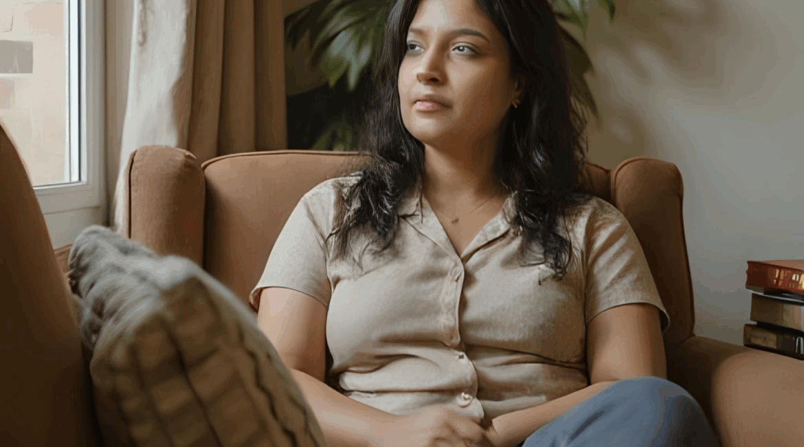 Pessoa refletindo sobre a própria vida em momento de introspecção antes de iniciar a terapia psicanalítica.